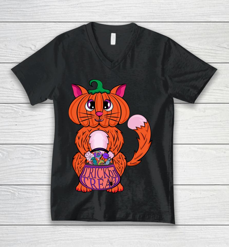 Pumpkin Head Cat - Halloween Cat Pumpkin Cat Unisex V-Neck T-Shirt