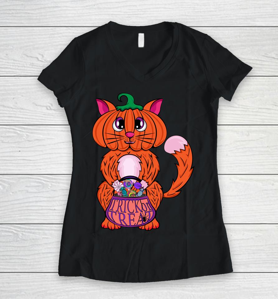 Pumpkin Head Cat - Halloween Cat Pumpkin Cat Women V-Neck T-Shirt