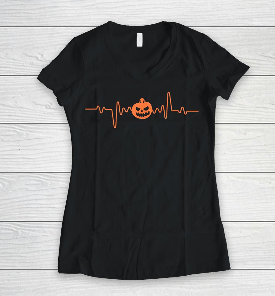 Pumpkin Heartbeat Halloween Pumpkin Lover Women V-Neck T-Shirt