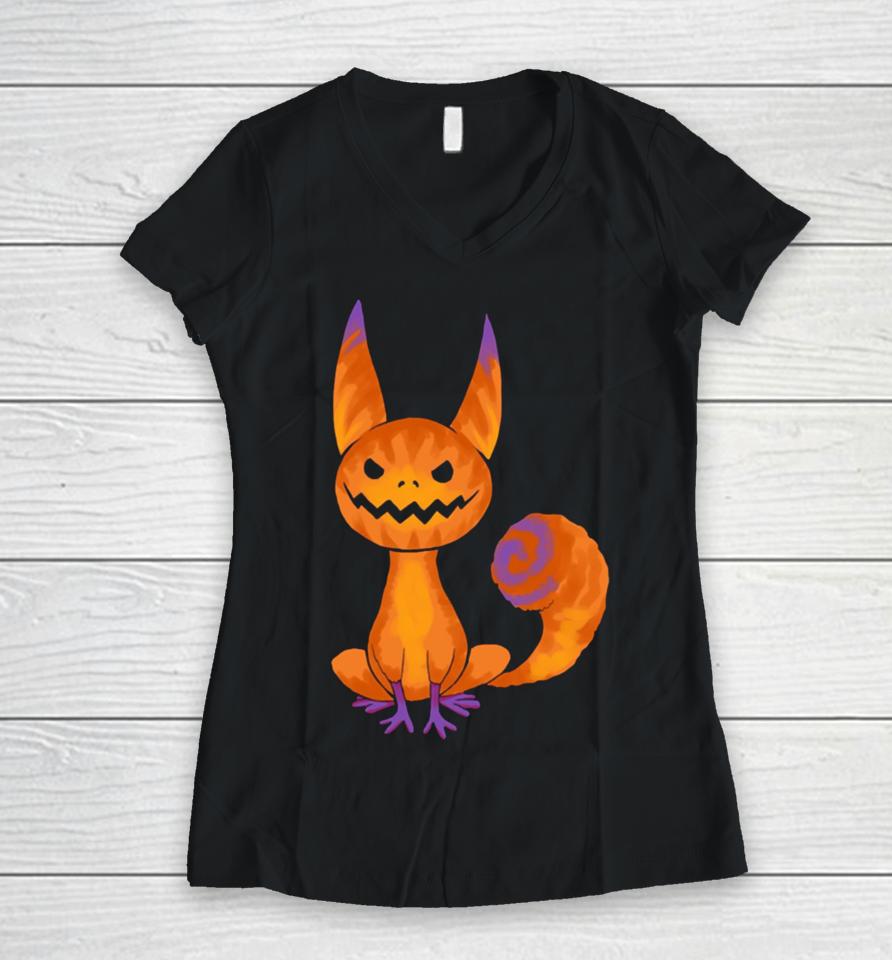 Pumpkin Lothcat Halloween Women V-Neck T-Shirt