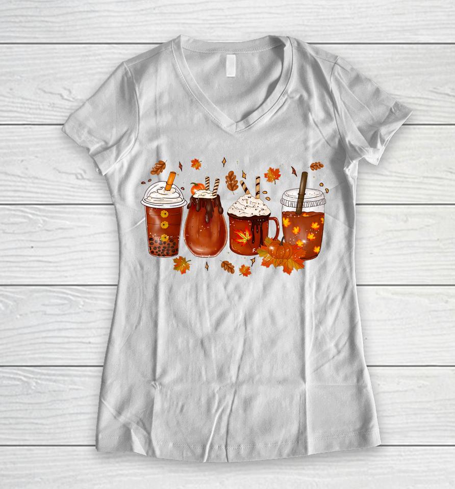 Pumpkin Spice Coffee Latte Fall Autumn Season Women V-Neck T-Shirt