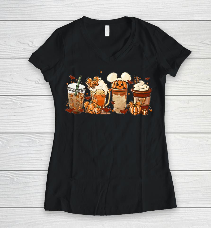 Pumpkin Spice Cute Latte Iced Autumn Coffee Fall Halloween Women V-Neck T-Shirt