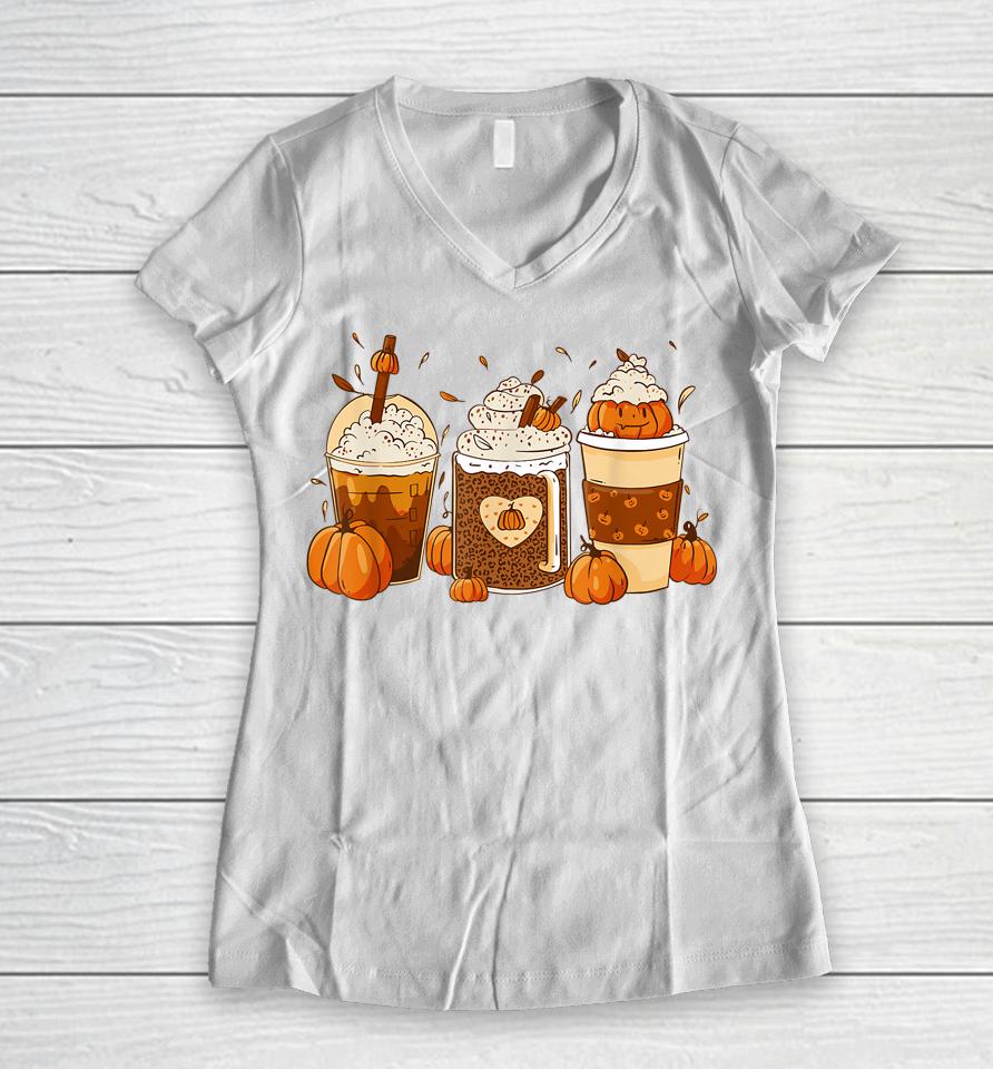 Pumpkin Spice Latte Fall Coffee Thanksgiving Women V-Neck T-Shirt