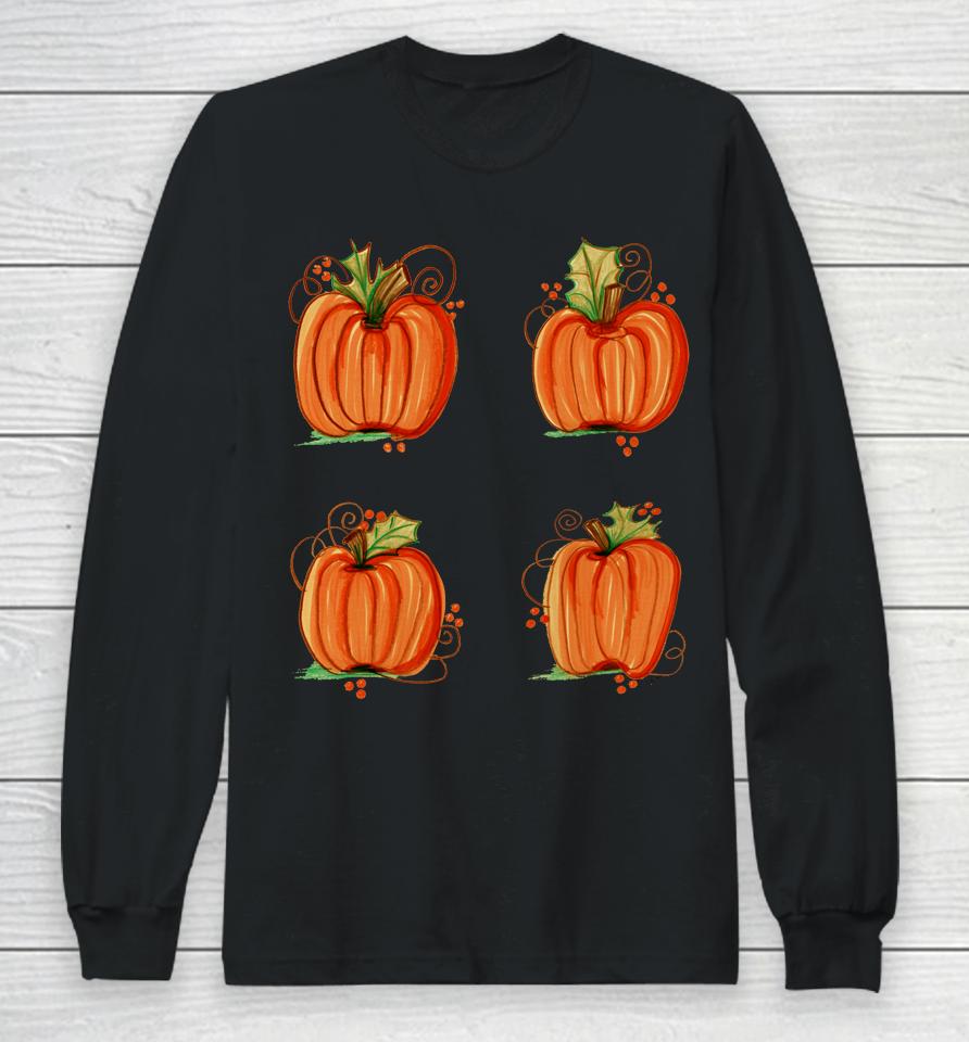Pumpkin Treat Halloween Orange Fall Handpainted Autumn Cute Long Sleeve T-Shirt