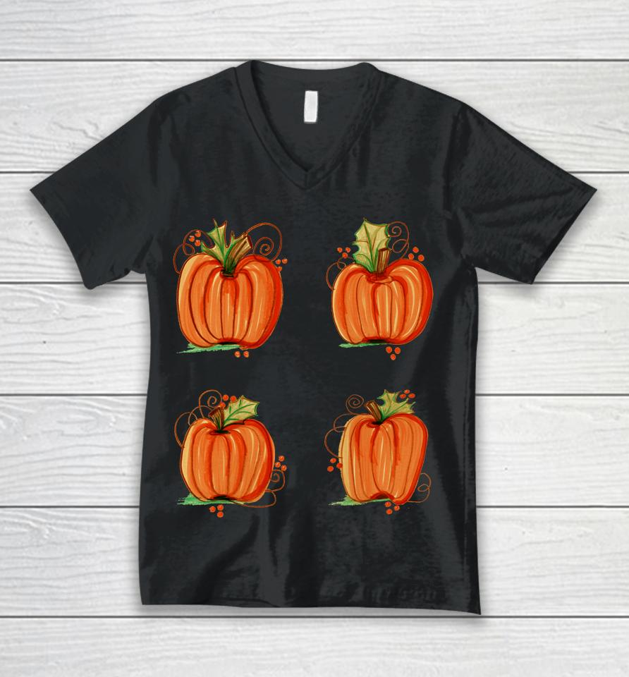 Pumpkin Treat Halloween Orange Fall Handpainted Autumn Cute Unisex V-Neck T-Shirt