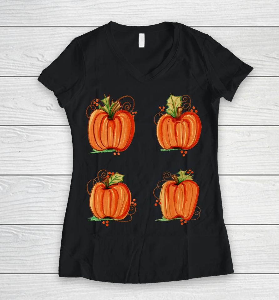 Pumpkin Treat Halloween Orange Fall Handpainted Autumn Cute Women V-Neck T-Shirt