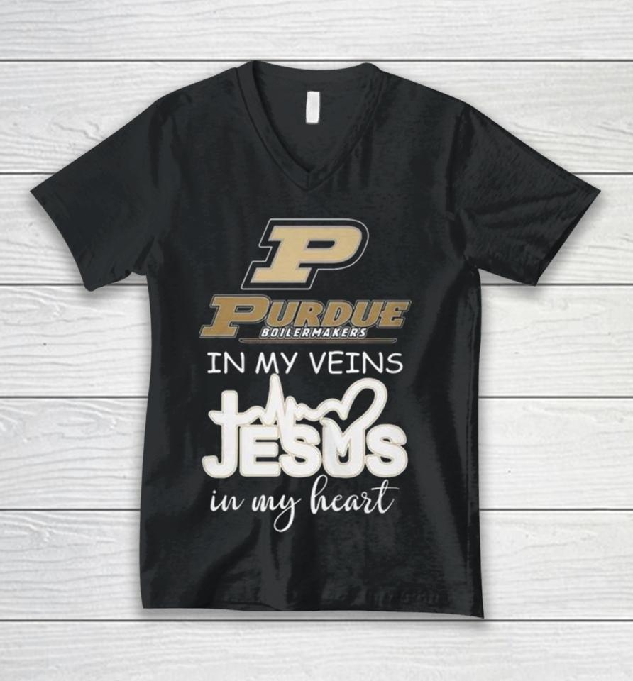 Purdue Boilermakers 2024 In My Veins Jesus In My Heart Unisex V-Neck T-Shirt