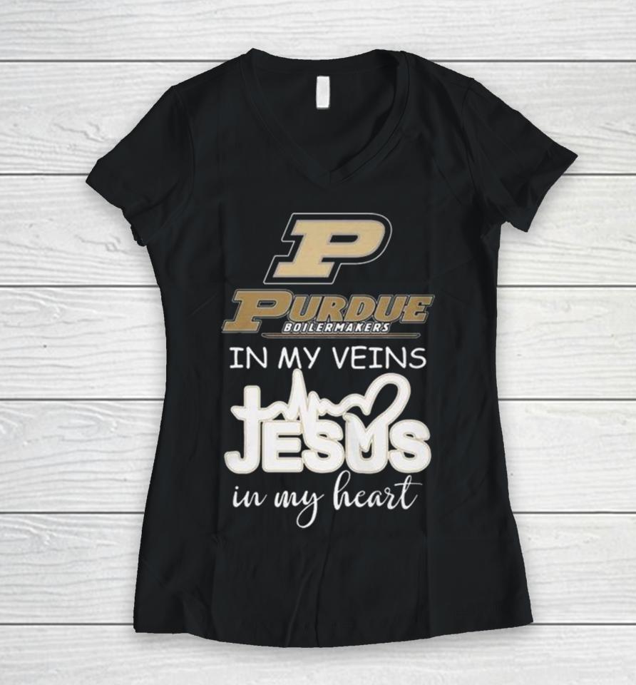 Purdue Boilermakers 2024 In My Veins Jesus In My Heart Women V-Neck T-Shirt