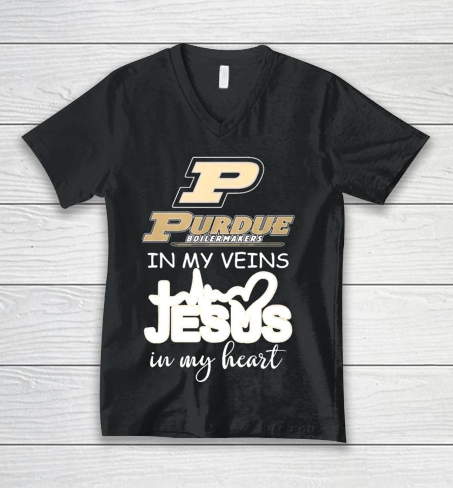 Purdue Boilermakers In My Veins Jesus In My Heart 2024 Unisex V-Neck T-Shirt