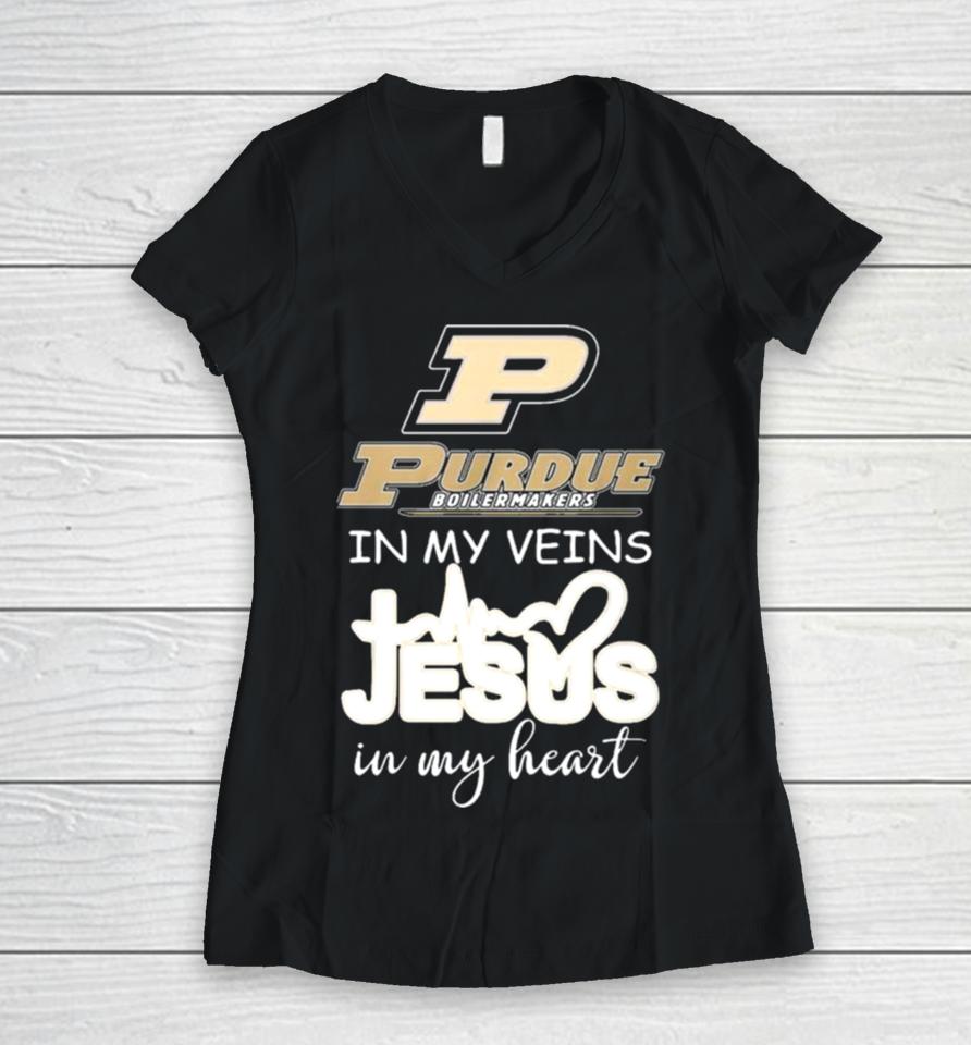 Purdue Boilermakers In My Veins Jesus In My Heart 2024 Women V-Neck T-Shirt