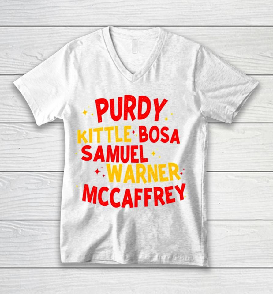 Purdy Kittle Bosa Samuel Warner Mccaffrey Unisex V-Neck T-Shirt