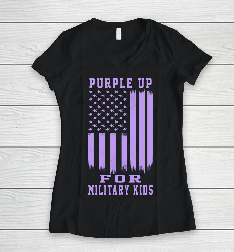 Purple Up For Military Kids Month Military Army Soldier Kids Women V-Neck T-Shirt
