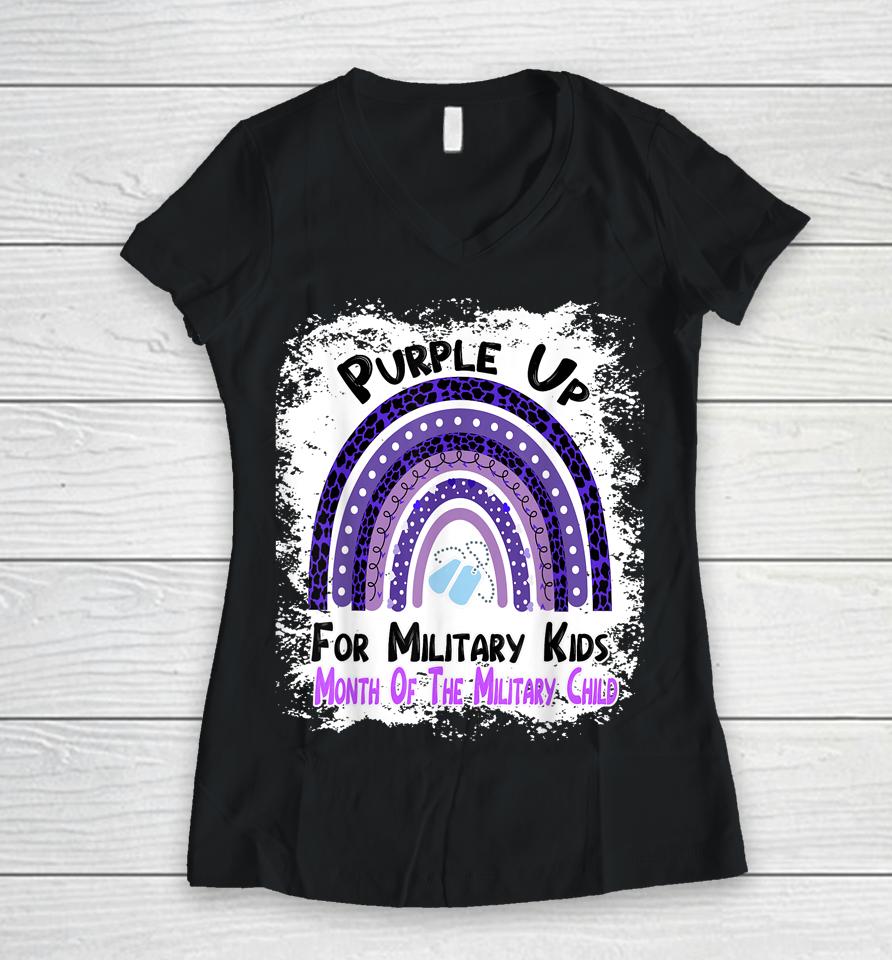 Purple Up For Military Kids Month Military Rainbow Leopard Women V-Neck T-Shirt