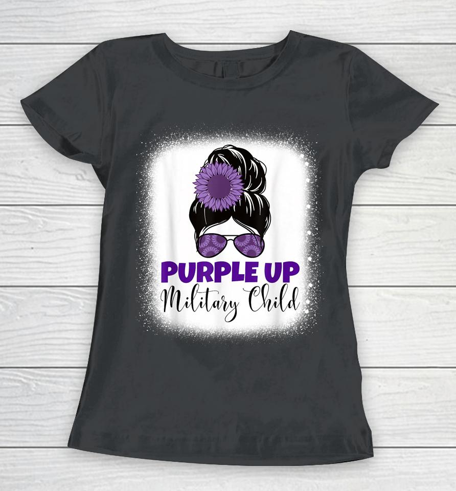 Purple Up Military Child Month For Military Kids Messy Bun Women T-Shirt