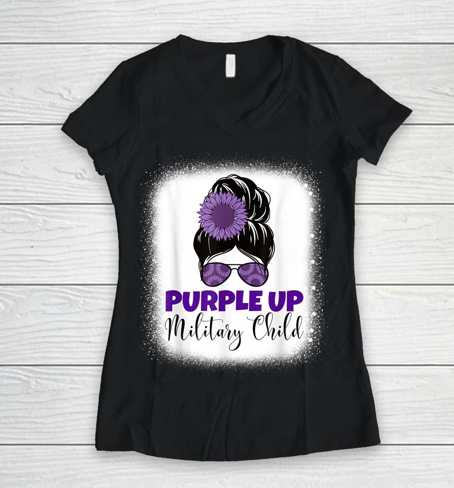 Purple Up Military Child Month For Military Kids Messy Bun Women V-Neck T-Shirt