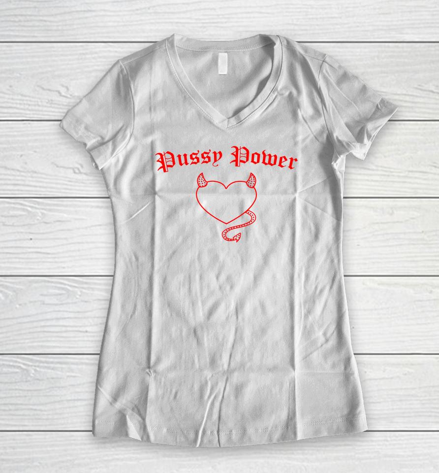 Pussy Power Rhinestone Women V-Neck T-Shirt