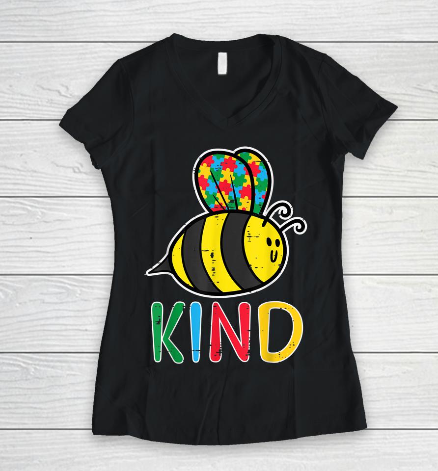 Puzzle Bee Kind Cute Autism Awareness Women V-Neck T-Shirt