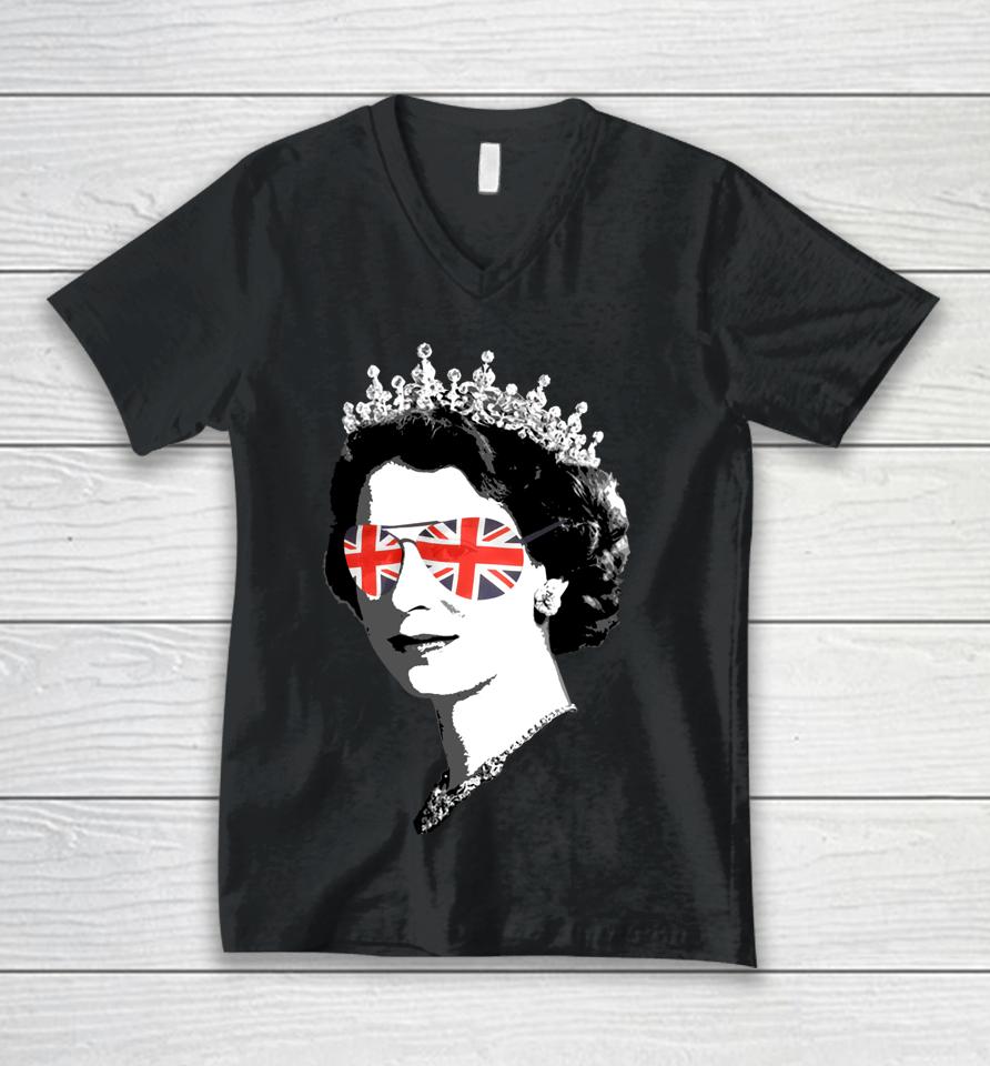 Queen Elizabeth Ii Sunglasses British Crown Union Jack Meme Unisex V-Neck T-Shirt