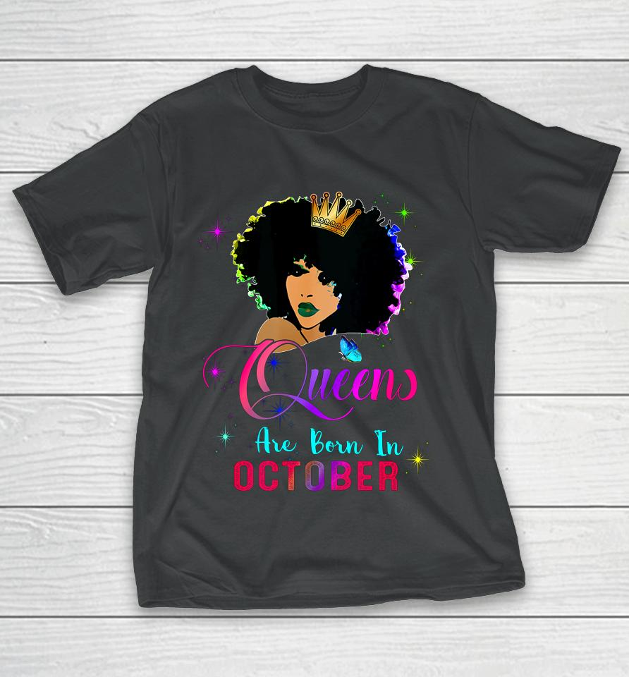 Queens Born October Black Girl Virgo Libra Birthday T-Shirt