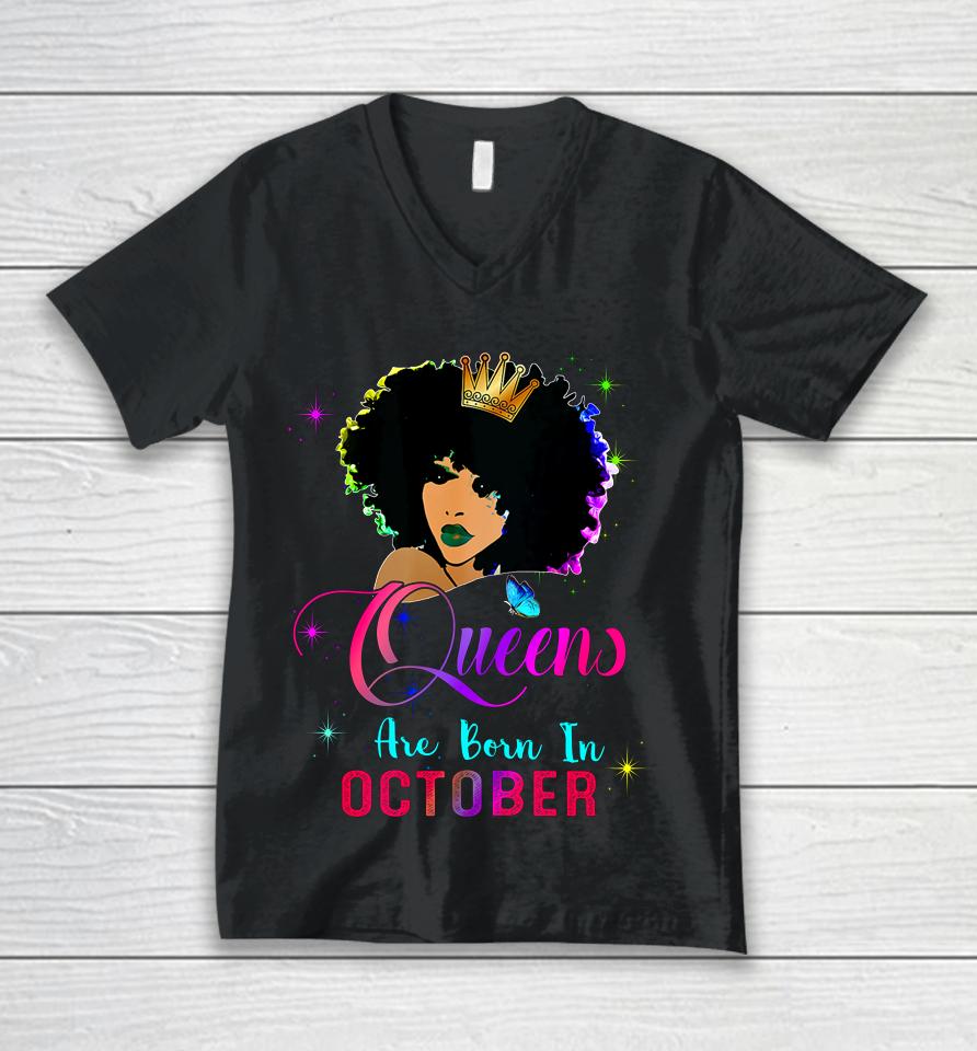 Queens Born October Black Girl Virgo Libra Birthday Unisex V-Neck T-Shirt