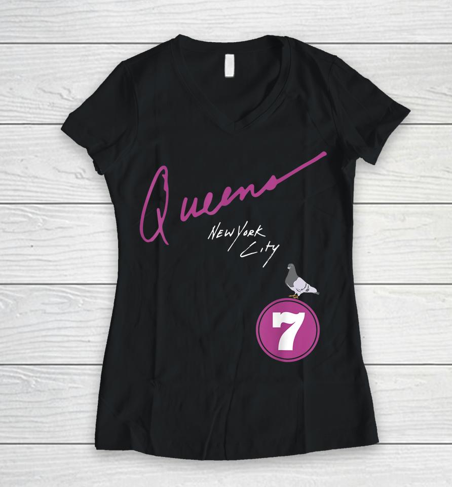 Queens New York City Pigeon 7 Train Women V-Neck T-Shirt