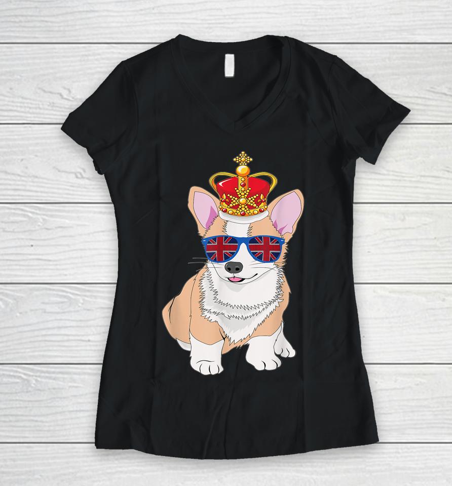 Queens Platinum Jubilee 70 Years Souvenir British Corgi Dog Women V-Neck T-Shirt