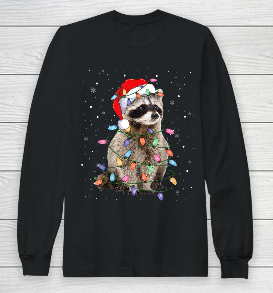 Raccoon Christmas Tree Lights Pajama Santa Racoon Lover Xmas Long Sleeve T-Shirt