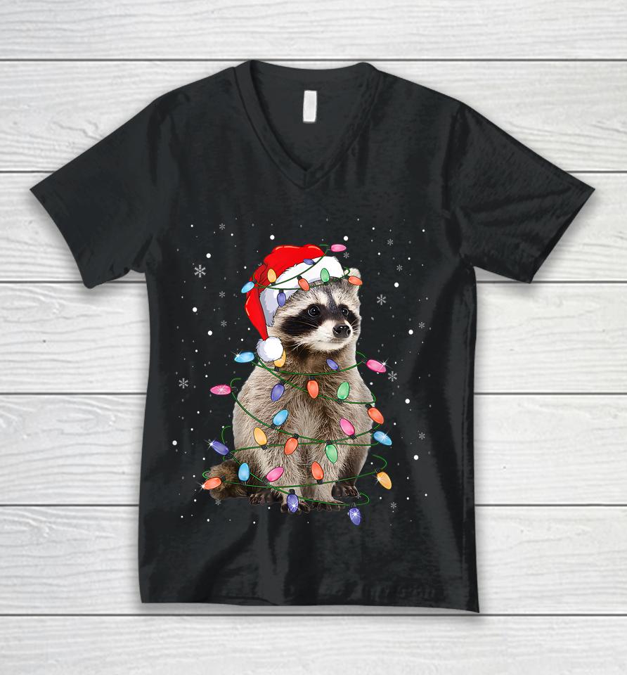 Raccoon Christmas Tree Lights Pajama Santa Racoon Lover Xmas Unisex V-Neck T-Shirt
