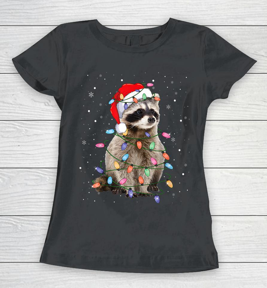 Raccoon Christmas Tree Lights Pajama Santa Racoon Lover Xmas Women T-Shirt