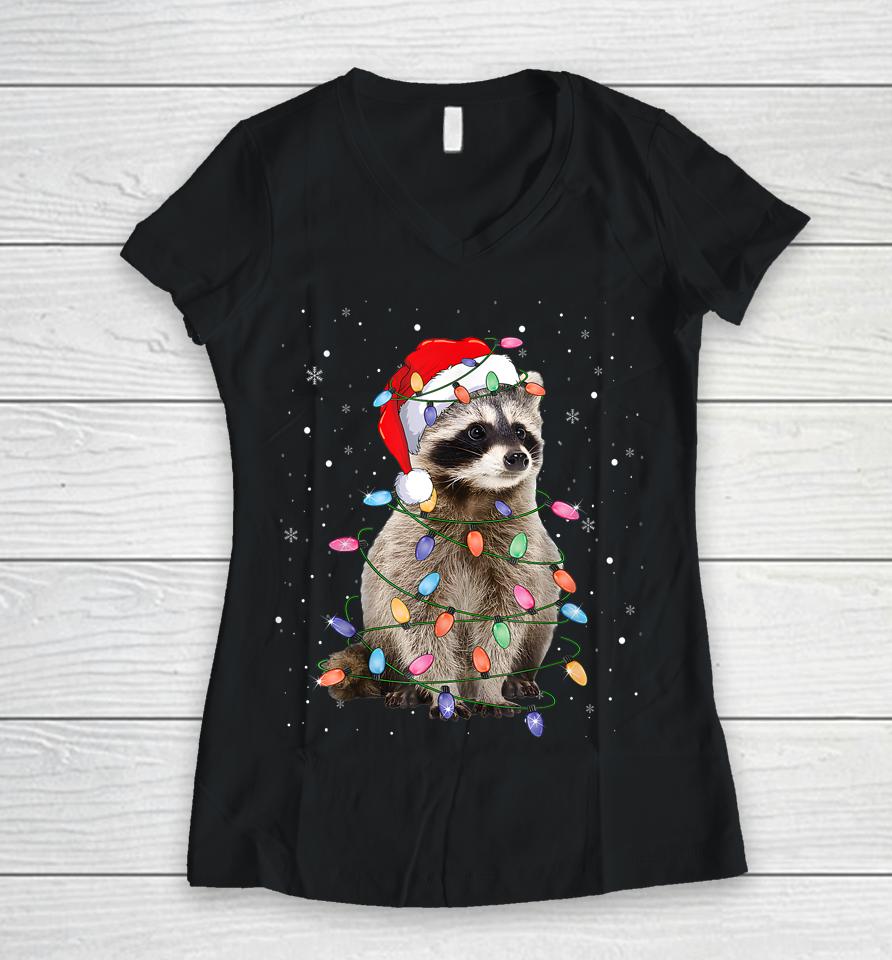 Raccoon Christmas Tree Lights Pajama Santa Racoon Lover Xmas Women V-Neck T-Shirt