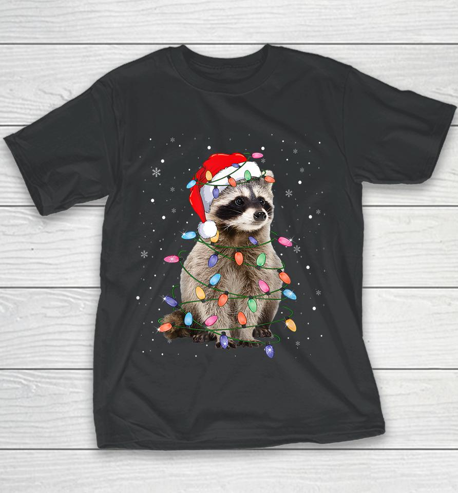 Raccoon Christmas Tree Lights Pajama Santa Racoon Lover Xmas Youth T-Shirt