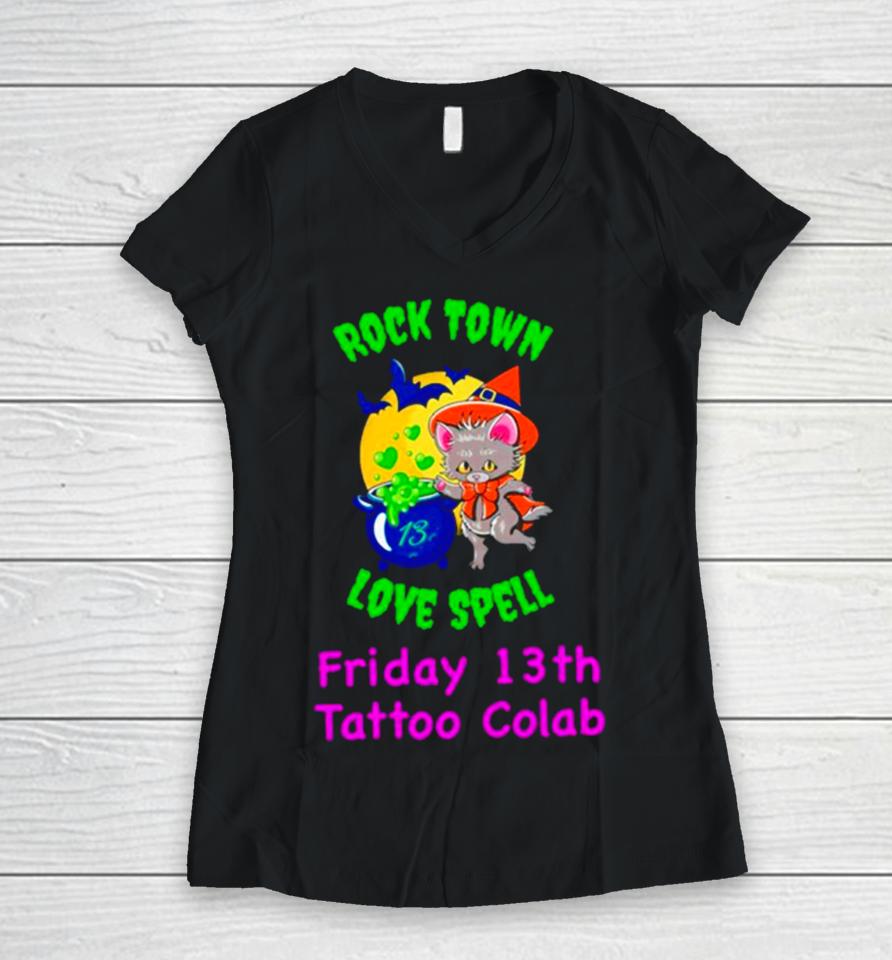 Raccoon Rock Town Love Spell Friday 13Th Tattoo Collab Women V-Neck T-Shirt