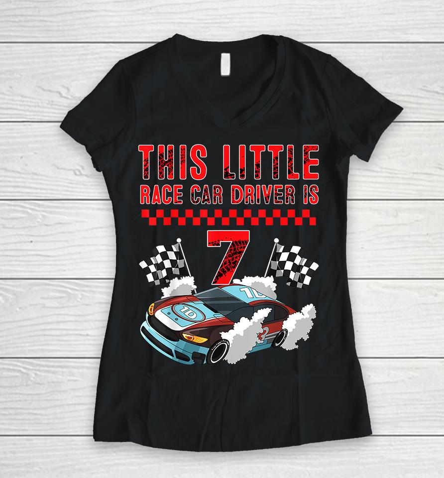 Race Car 7Th Birthday Boy 7 Seven Years Old Race Car Drivers Women V-Neck T-Shirt