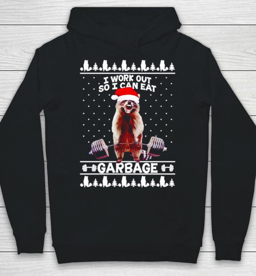 Racoon Santa Hat Lifting I Workout So I Can Eat Garbage Ugly Christmas Hoodie