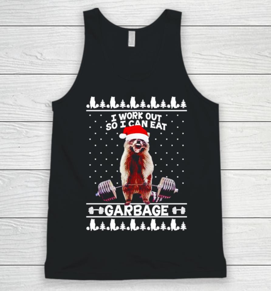 Racoon Santa Hat Lifting I Workout So I Can Eat Garbage Ugly Christmas Unisex Tank Top