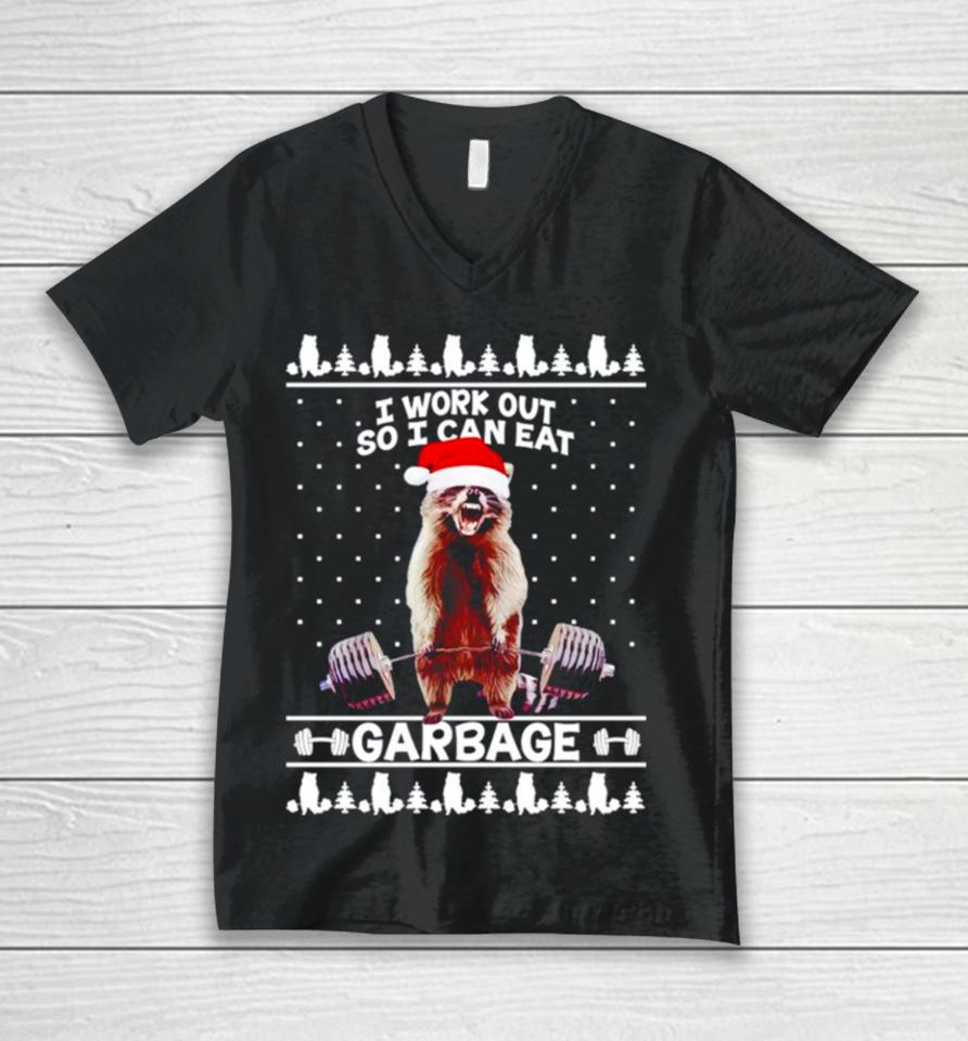 Racoon Santa Hat Lifting I Workout So I Can Eat Garbage Ugly Christmas Unisex V-Neck T-Shirt