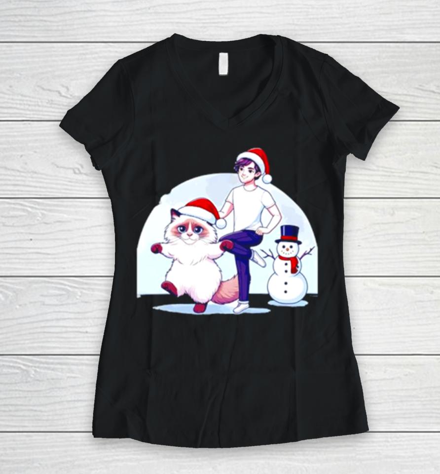 Ragdoll Cat Snowman Christmas Women V-Neck T-Shirt