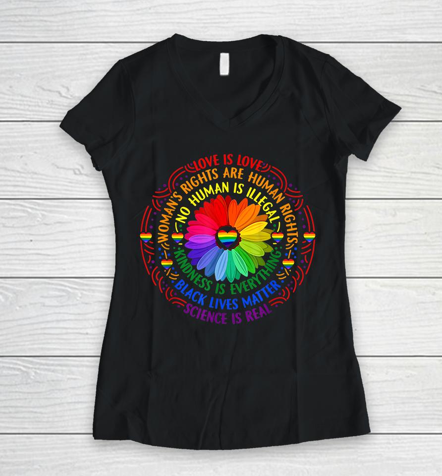 Rainbow Black Lives Matter Science Lgbt Pride Flower Women V-Neck T-Shirt