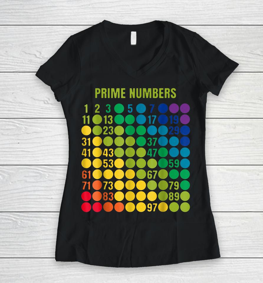 Rainbow Grid Of Prime Numbers School Teacher Women V-Neck T-Shirt
