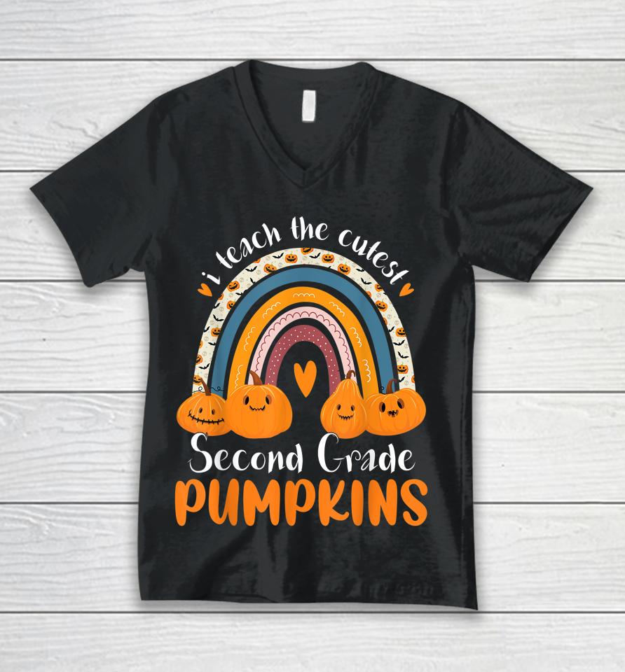 Rainbow I Teach The Cutest 2Nd Grade Pumpkins Halloween Unisex V-Neck T-Shirt
