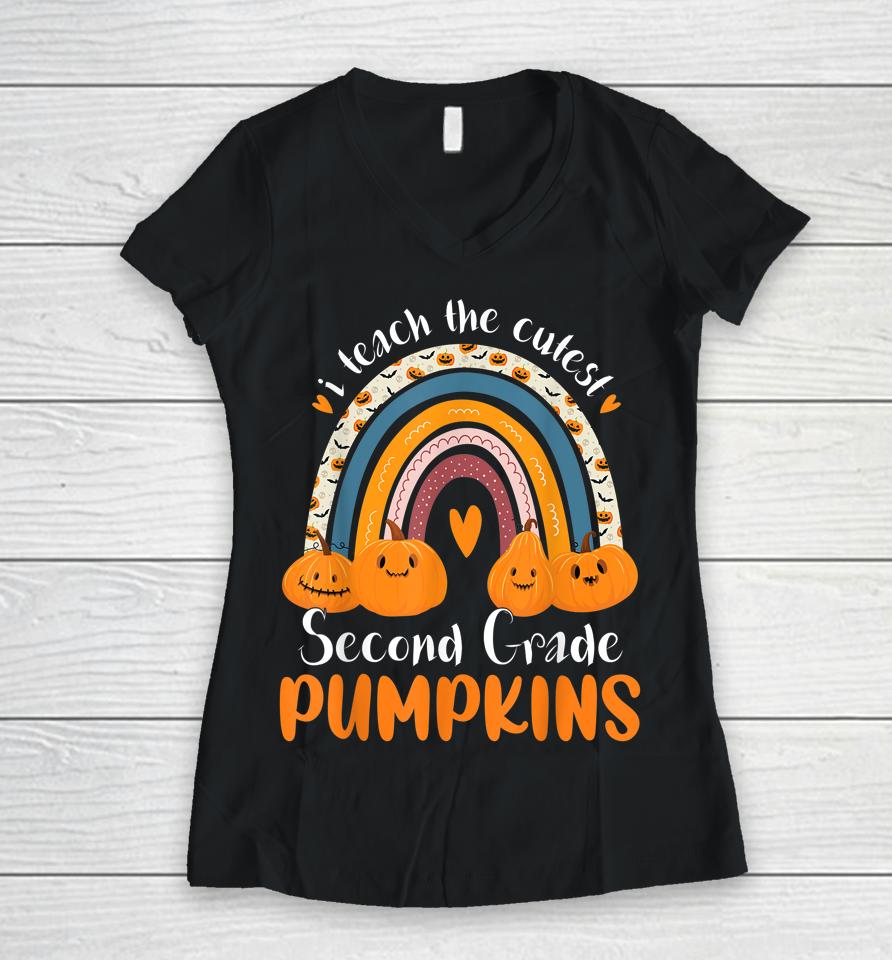 Rainbow I Teach The Cutest 2Nd Grade Pumpkins Halloween Women V-Neck T-Shirt