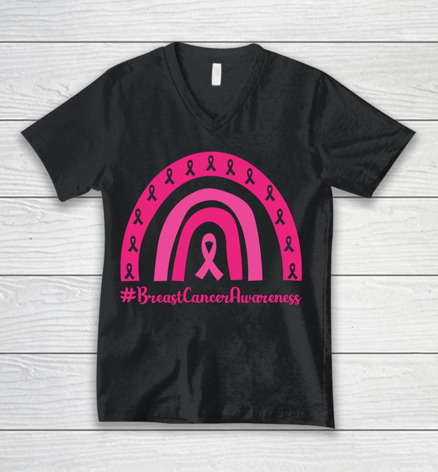 Rainbow Pink Ribbon Breast Cancer Awareness Unisex V-Neck T-Shirt