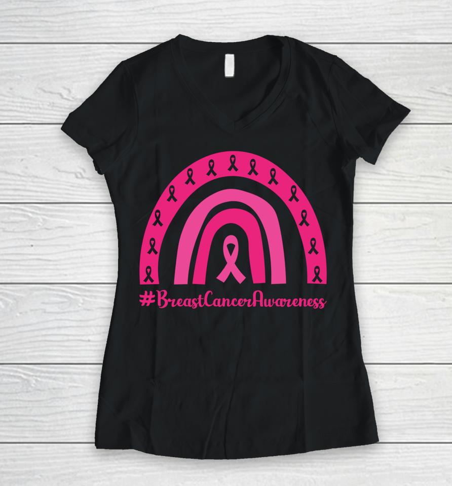Rainbow Pink Ribbon Breast Cancer Awareness Women V-Neck T-Shirt