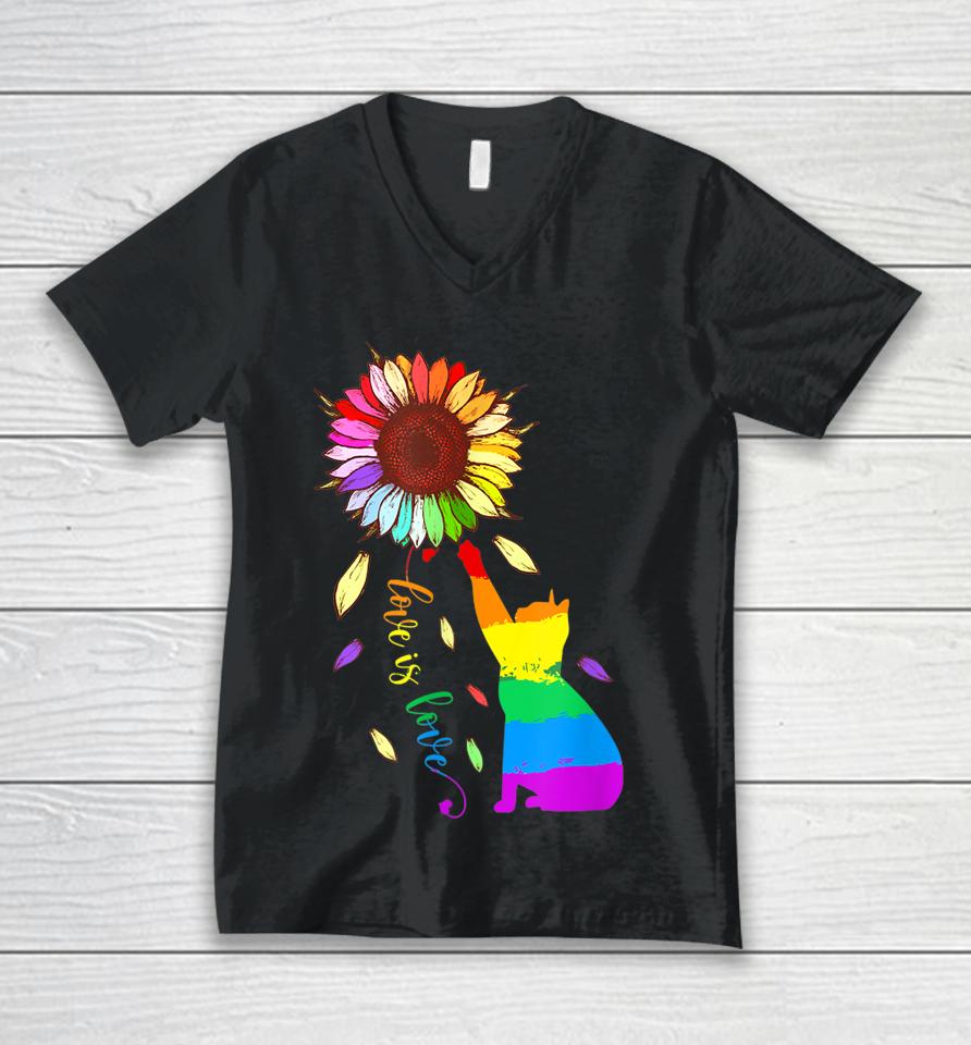 Rainbow Sunflower Cat Love Is Love Lgbt Gay Lesbian Pride Unisex V-Neck T-Shirt
