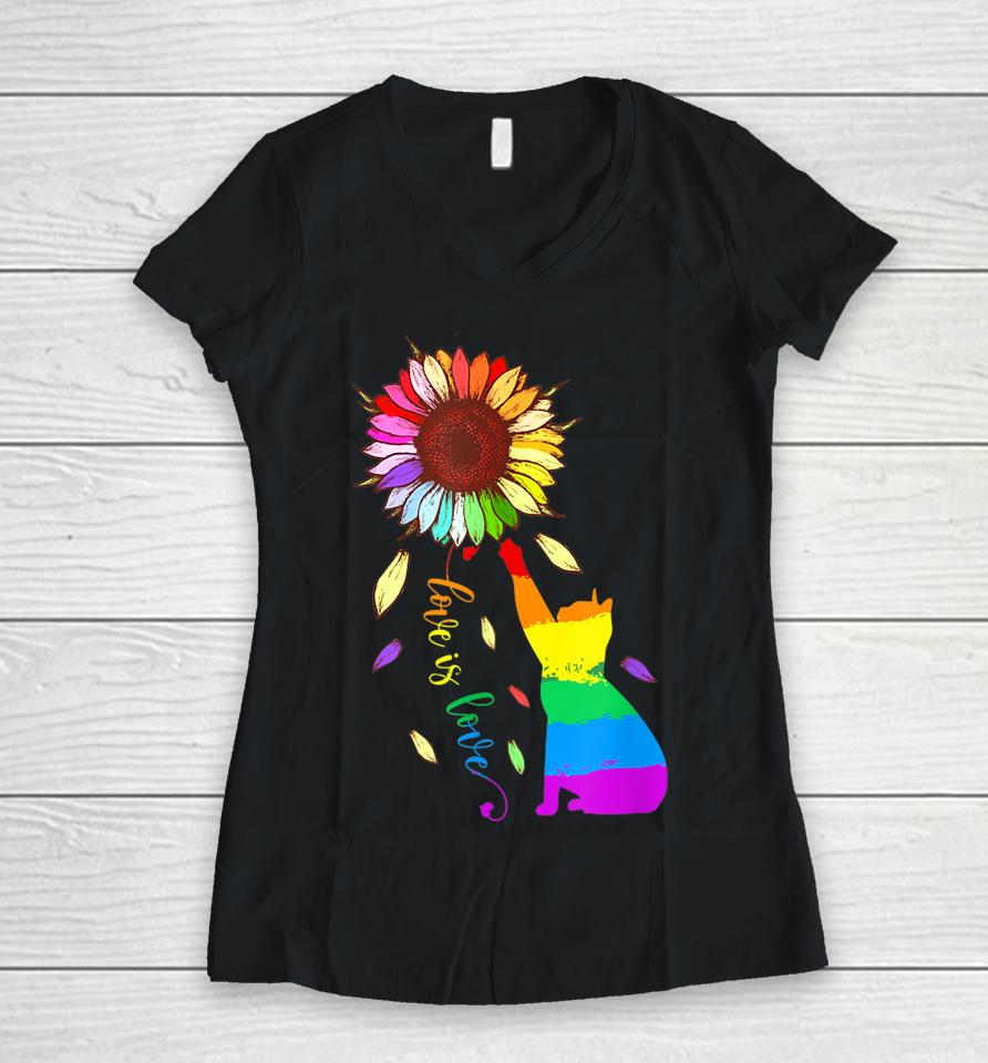 Rainbow Sunflower Cat Love Is Love Lgbt Gay Lesbian Pride Women V-Neck T-Shirt