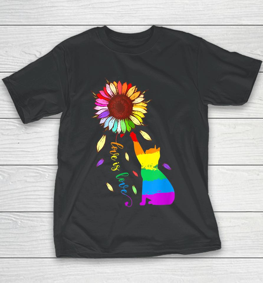 Rainbow Sunflower Cat Love Is Love Lgbt Gay Lesbian Pride Youth T-Shirt
