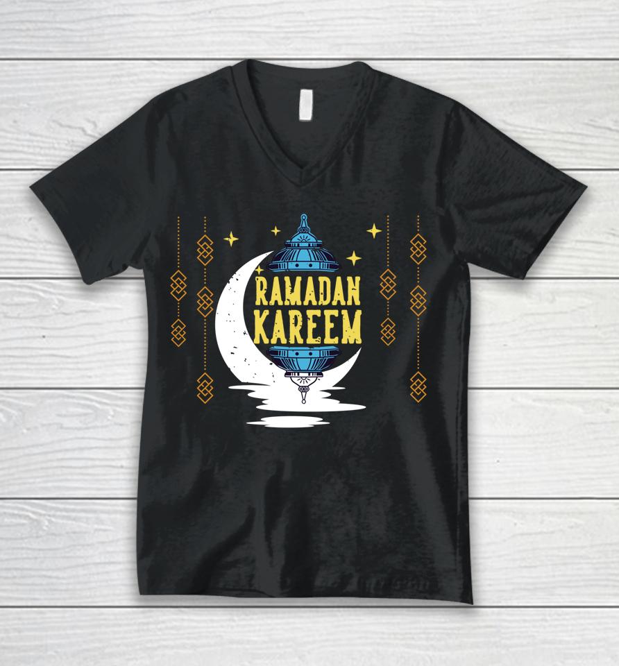 Ramadan Kareem Muslims Eid Ramadan Lantern Lights Moon Cute Unisex V-Neck T-Shirt