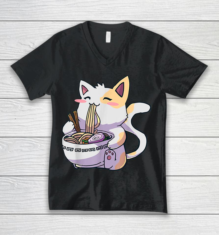 Ramen Cat Kawaii Anime Japanese Food Unisex V-Neck T-Shirt