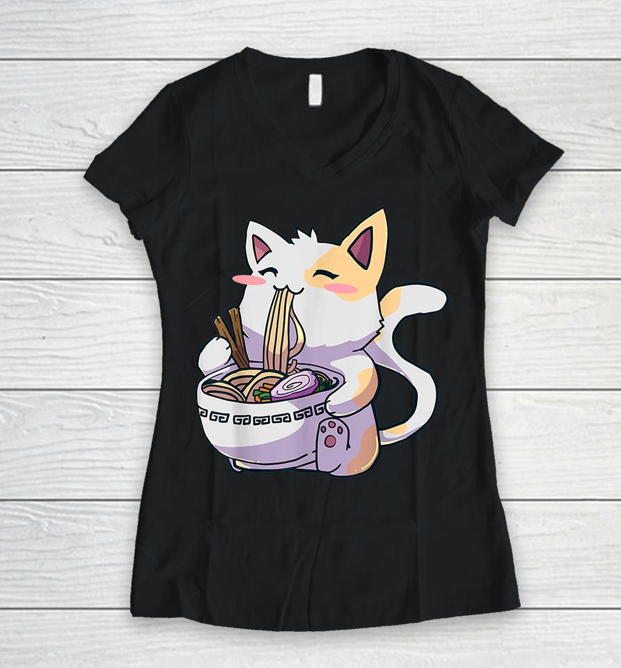 Ramen Cat Kawaii Anime Japanese Food Women V-Neck T-Shirt