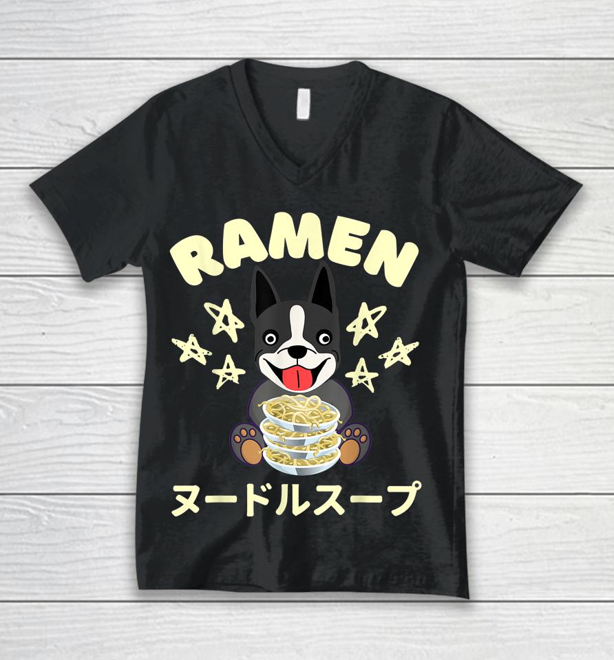 Ramen Noodles Boston Terrier Dog Unisex V-Neck T-Shirt